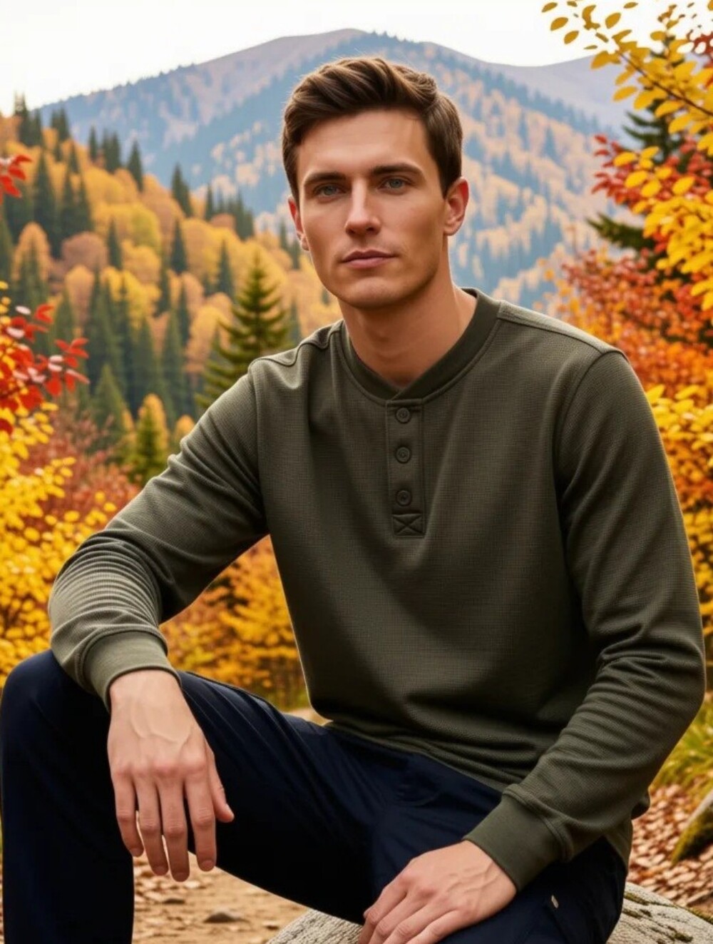 BC Clothing Olive Green Henley Waffle Knit Sherpa Fleece Long-Sleeve Shirt Sz SM